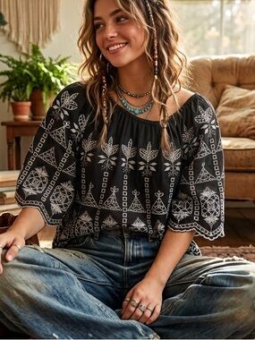 Gap Eyelet On/ Off Shoulders Cotton Black White Flutter Sleeve Embroidered Top M